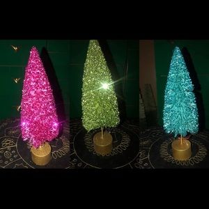 Trio of Glitter Bottle Brush Trees 10” Holiday Decor Display Tiered Tray New